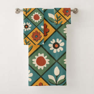 African Floral Tile Art Bath Towel Set