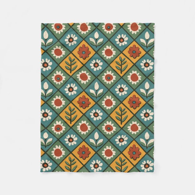 African Floral Tile Art Fleece Blanket (Front)