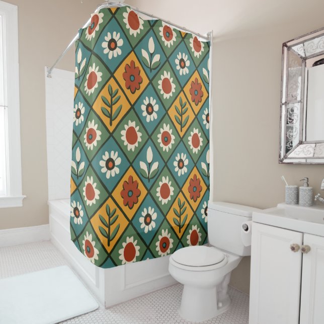 African Floral Tile Art Shower Curtain (In Situ)
