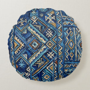 African Geometric Impasto Painting Print   Kuba Am Round Cushion