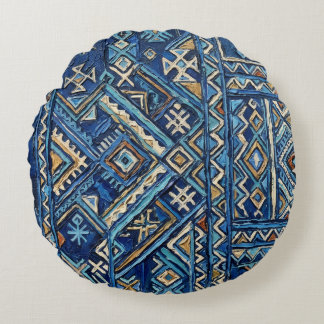 African Geometric Impasto Painting Print | Kuba Am Round Cushion