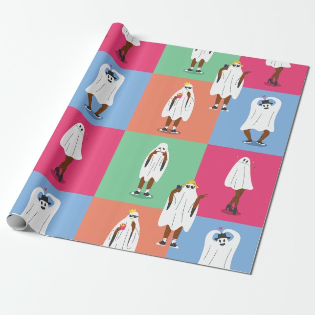 african ghost halloween colorblock ghouls funny wrapping paper (Unrolled)