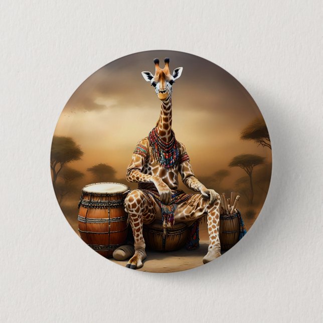 African Giraffe Bongo Drum Player, 6 Cm Round Badge (Front)