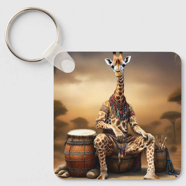 African Giraffe Bongo Drum Player, Key Ring (Front)