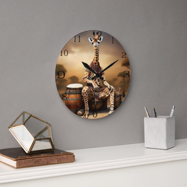 African Giraffe Bongo Drum Player,  Large Clock (Office)