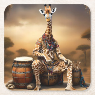 African Giraffe Bongo Drum Player, Square Paper Coaster
