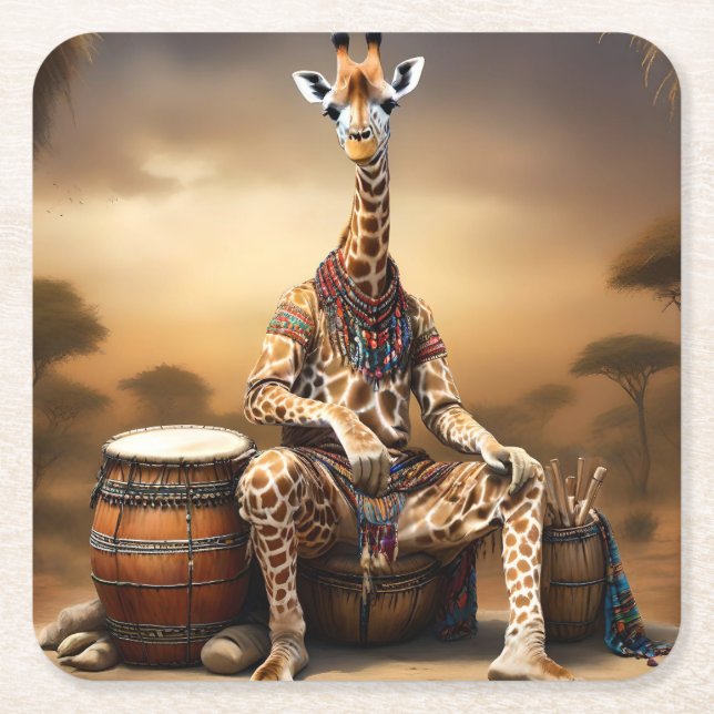 African Giraffe Bongo Drum Player,  Square Paper Coaster (Front)