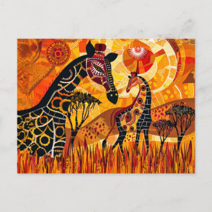 African giraffes and sun in tribal style holiday postcard