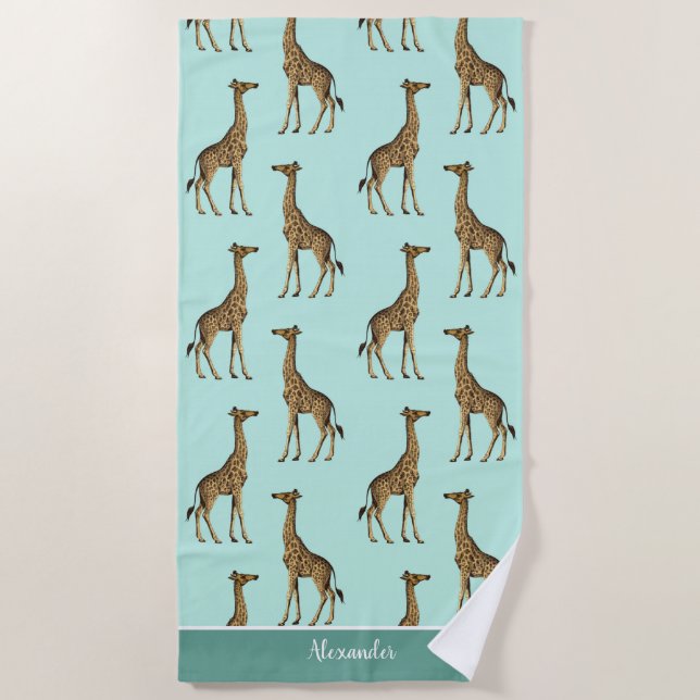 African Giraffes Teal and Brown Beach Towel (Front)