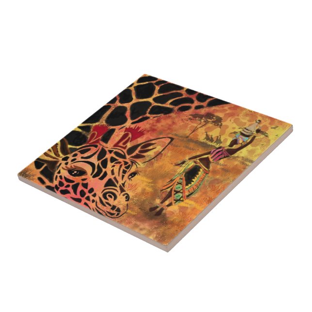 African Girl and Giraffe Ceramic Tile (Side)