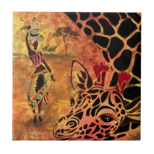 African Girl and Giraffe Ceramic Tile Friends