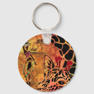 African Girl and Giraffe - Friends - Art Drawing - Key Ring