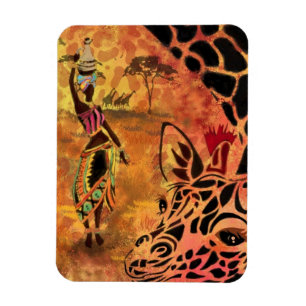African Girl and Giraffe - Friends - Art Drawing - Magnet