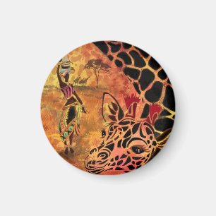 African Girl and Giraffe - Friends - Art Drawing - Magnet