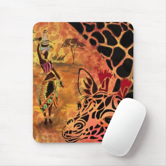 African Girl and Giraffe - Friends - Art Drawing - Mouse Pad (With Mouse)