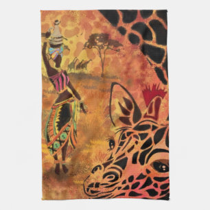 African Girl and Giraffe - Friends - Art Drawing - Tea Towel