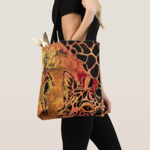 African Girl and Giraffe - Friends - Art Drawing - Tote Bag