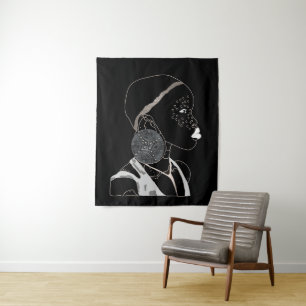African Girl Black and White Line Art  Tapestry