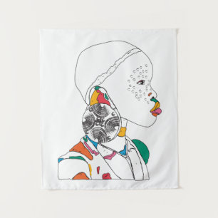 African Girl Colourful Portrait Line Art Tapestry