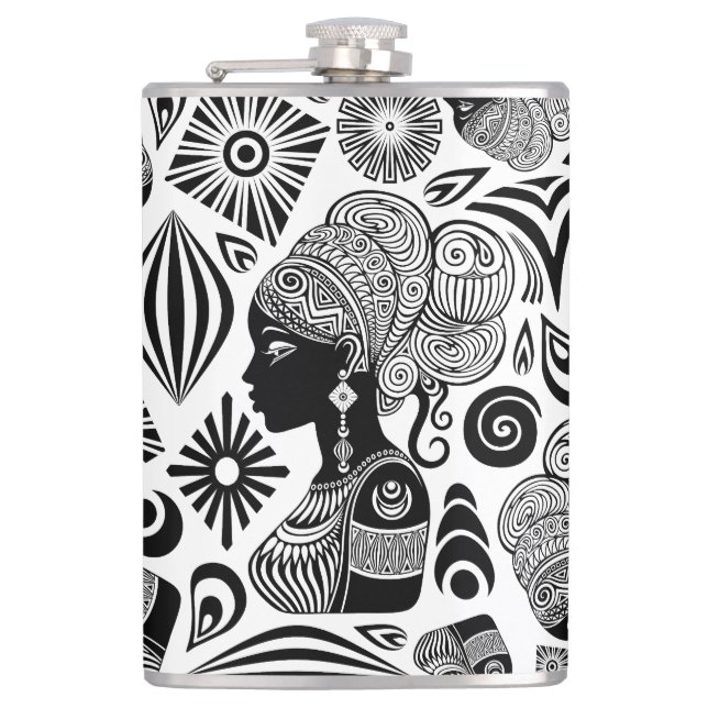 African Girl Portrait Tribal Tattoo Hip Flask (Front)