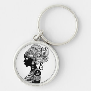 African Girl Portrait Tribal Tattoo Key Ring