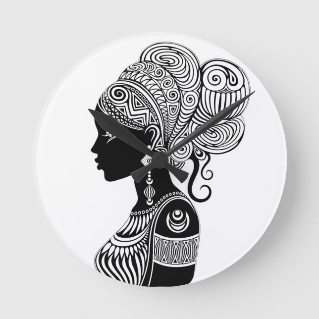 African Girl Portrait Tribal Tattoo Round Clock (Front)
