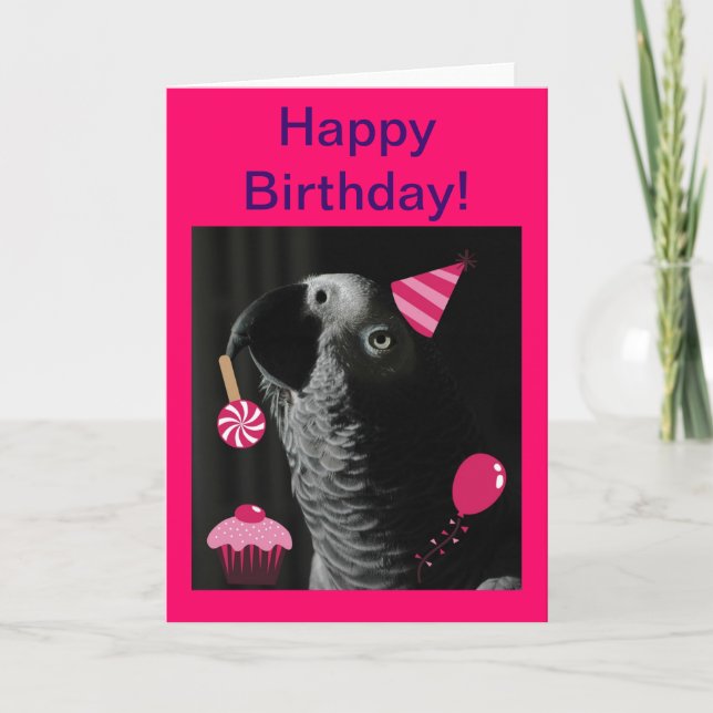African Gray Parrot Happy Birthday Greeting Card (Front)