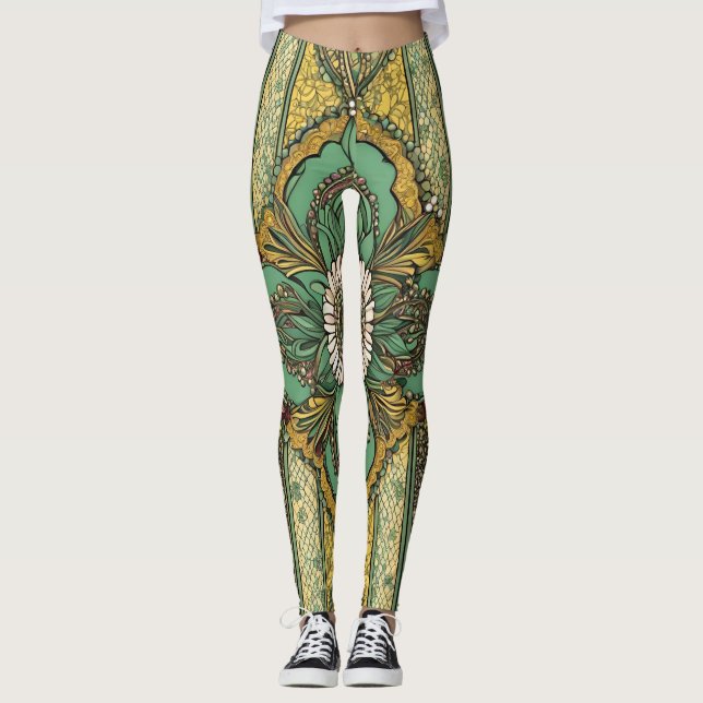 African Green & Yellow Floral Nature AI art  Leggings (Front)