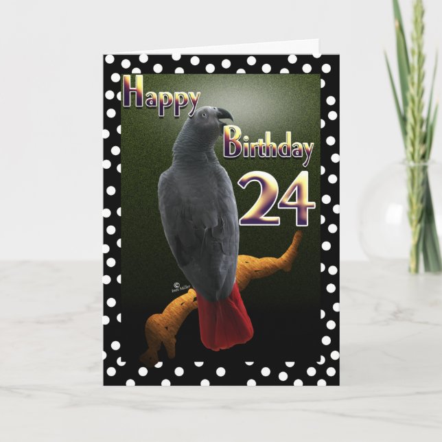 African Grey Congo parrot polka dots 24th B-Day Card (Front)