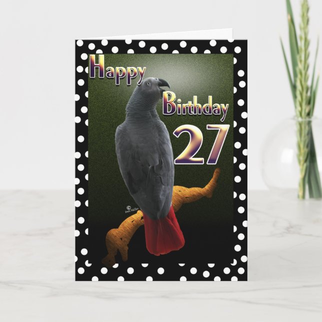 African Grey Congo parrot polka dots 27th B-Day Card (Front)