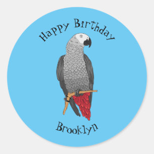 African grey parrot cartoon illustration  classic round sticker