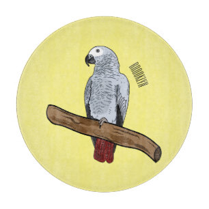African grey parrot cartoon illustration cutting board