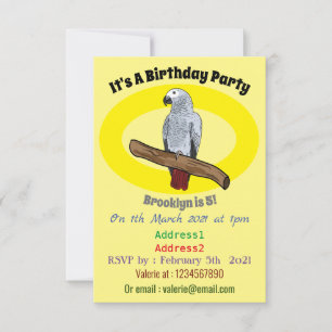 African grey parrot cartoon illustration invitation