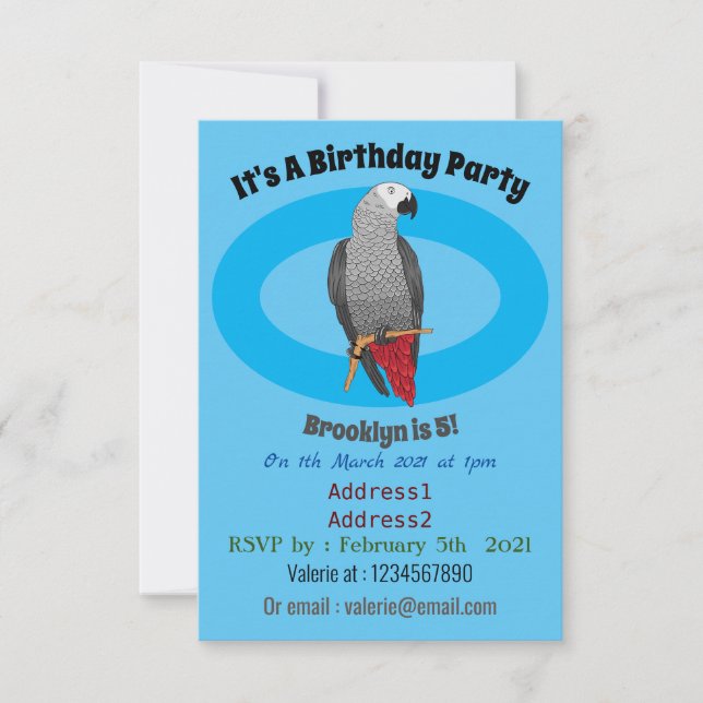 African grey parrot cartoon illustration  invitation (Front)