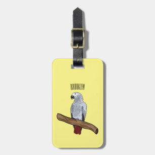 African grey parrot cartoon illustration luggage tag