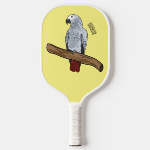 African grey parrot cartoon illustration pickleball paddle