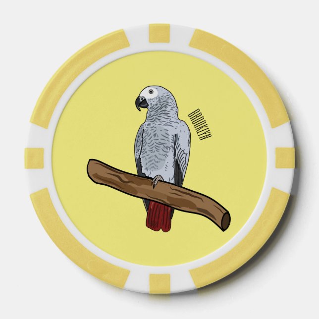 African grey parrot cartoon illustration  poker chips (Front)