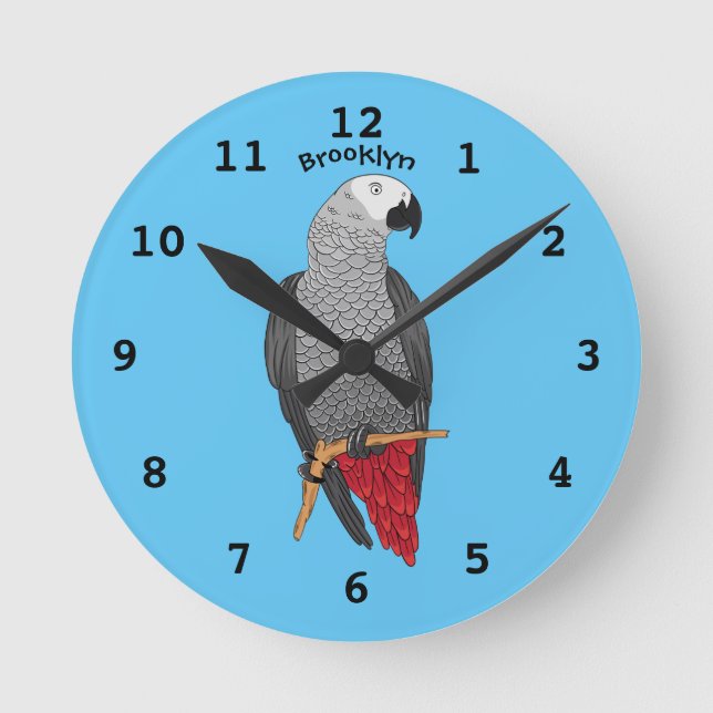 African grey parrot cartoon illustration  round clock (Front)