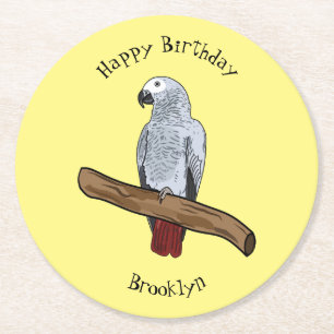 African grey parrot cartoon illustration round paper coaster