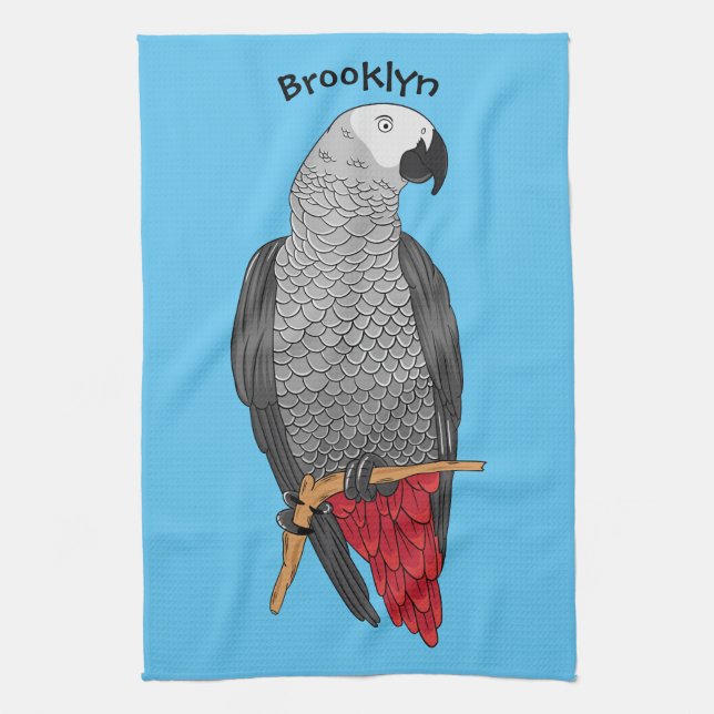 African grey parrot cartoon illustration tea towel (Vertical)