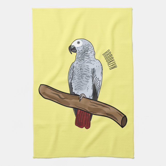 African grey parrot cartoon illustration  tea towel (Vertical)