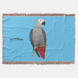 African grey parrot cartoon illustration throw blanket