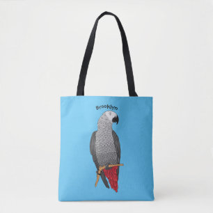 African grey parrot cartoon illustration tote bag