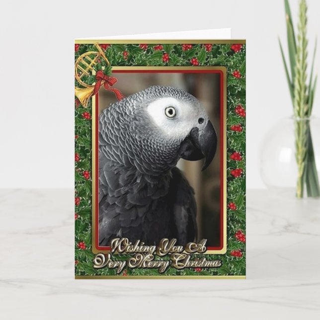 African Grey Parrot Christmas Card (Front)