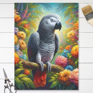 African Grey Parrot Colourful Flowers Decoupage Tissue Paper