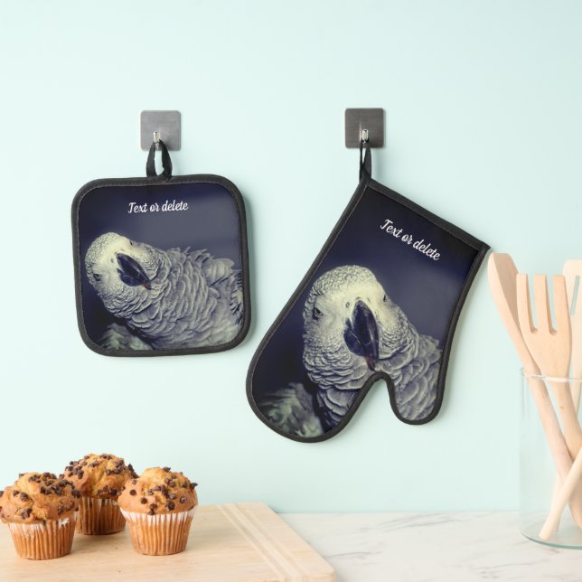 African Grey Parrot Cute Bird Personalised Oven Mitt & Pot Holder Set (Insitu(Hanging))