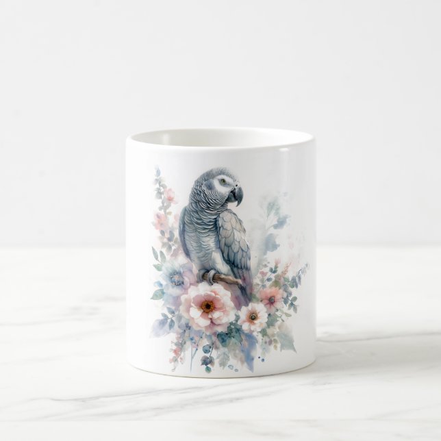 African Grey Parrot Floral Watercolor Coffee Mug (Center)