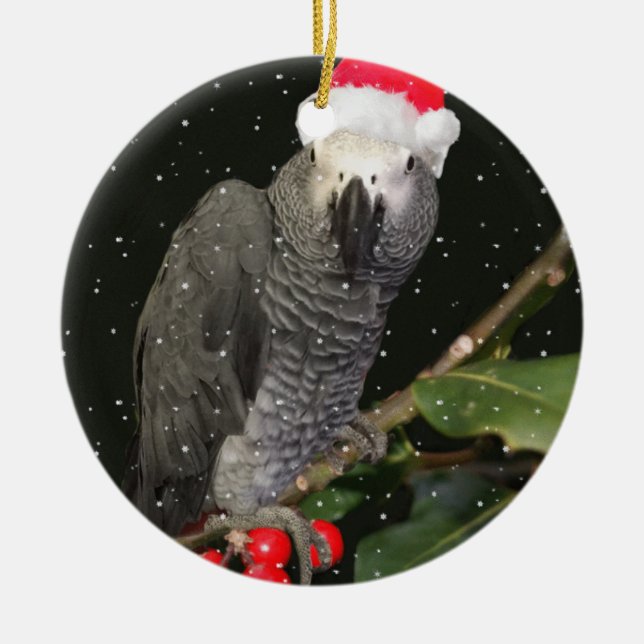 African Grey Parrot Holiday Season Ceramic Tree Decoration (Front)
