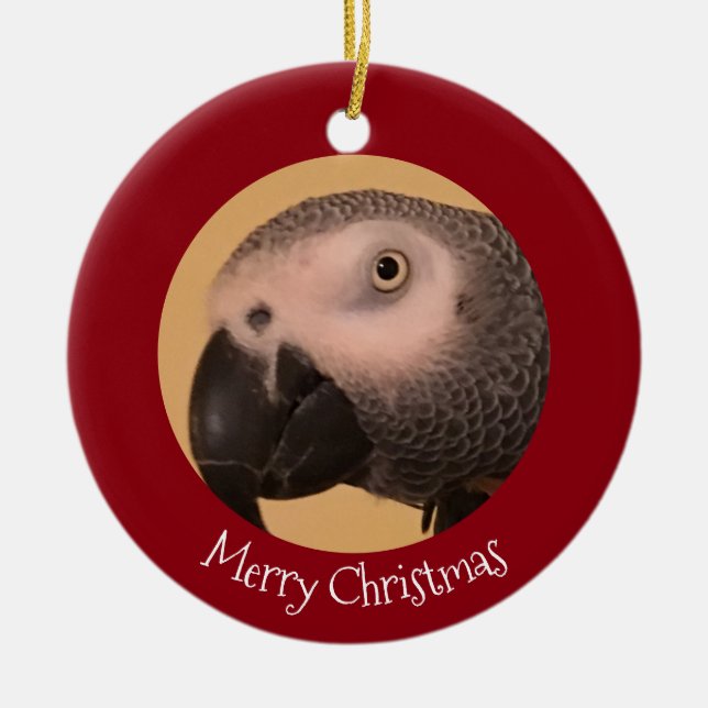 African Grey Parrot Merry Christmas Ceramic Tree Decoration (Front)