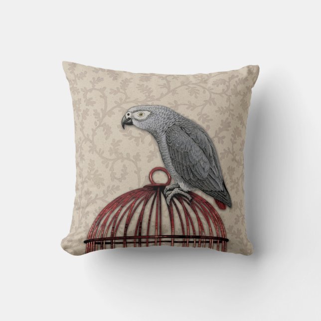 African Grey Parrot on Red Birdcage Cushion (Front)